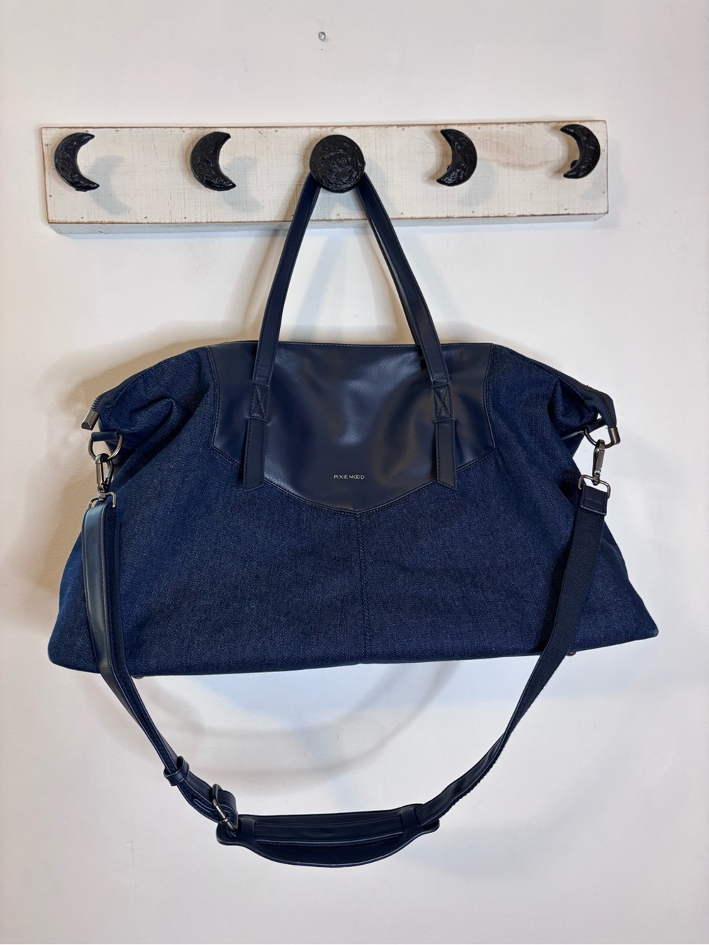 Pixie Mood Navy Denim Weekender Tote with Vegan Leather Trim